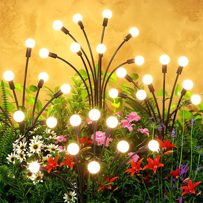 Solar Lights Outdoor(6 Pack,48 LEDs),Solar Lights Outdoor Waterproof for Garden Decor,4 Modes Firefly Light for Outdoor Decor,Big Bulb High Lumens Patio Decor,Sway by Wind,Gardening Gifts for Women