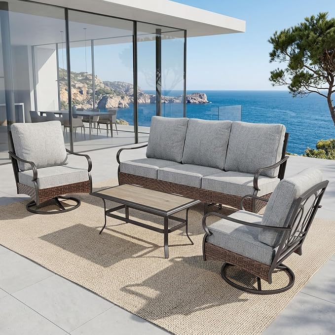 Sophia & William Patio Furniture Set, 4 Piece Metal Outdoor Conversation Set with 3-Seater Outdoor Couch, 2 Swivel Chairs, 1 Coffee Table for Outdoor Seating, Backyard, Porch(Grey)