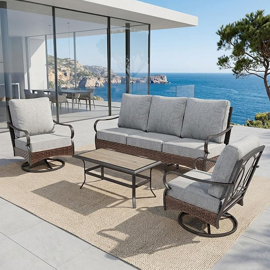 Sophia & William Patio Furniture Set, 4 Piece Metal Outdoor Conversation Set with 3-Seater Outdoor Couch, 2 Swivel Chairs, 1 Coffee Table for Outdoor Seating, Backyard, Porch(Grey)