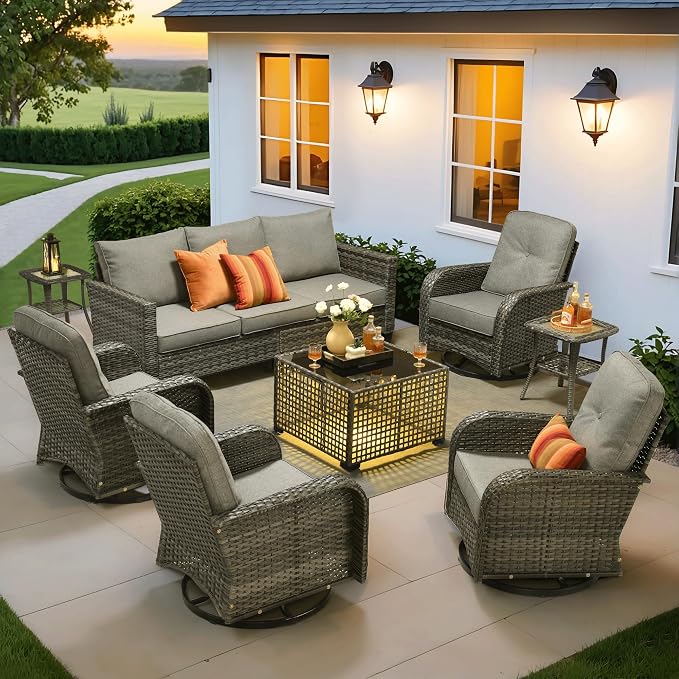 ovios 8 Pieces Patio Furniture Set, Outdoor Wicker Sofa Couch with Swivel Glider Chairs Solar Lights Table, Modern Deep Seat Rattan Conversation Sets for Deck Porch, Dark Grey