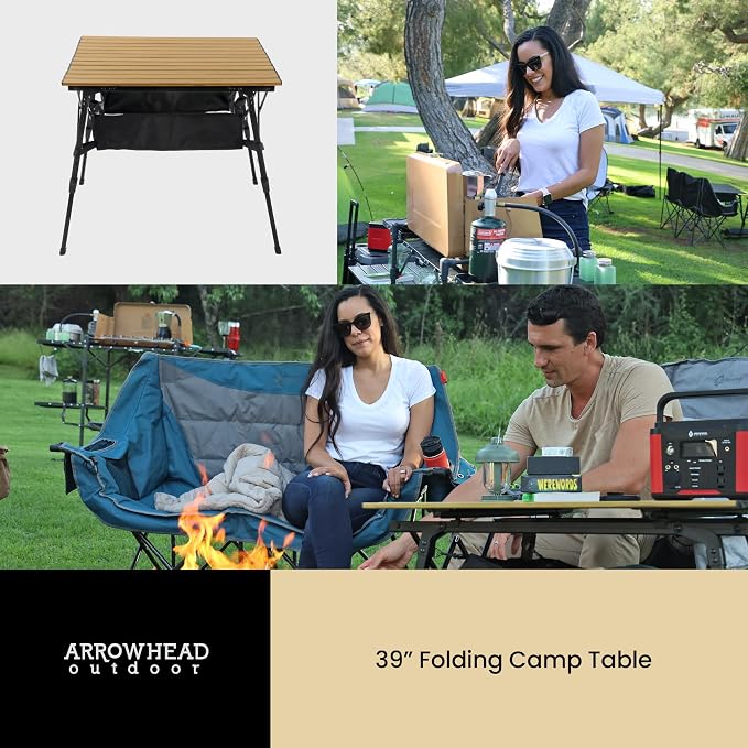 ARROWHEAD OUTDOOR 2-Pack 39" Aluminum Folding Camp Roll Up Table w/Adjustable Height, Undertable Mesh Storage, Carry Bag