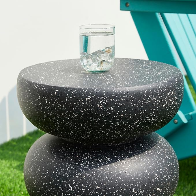 Glitzhome Outdoor Side Table, Round Small End Table with Black Geometric Terrazzo Finish MGO Hourglass Garden Stool, Set of 2 Decorative Accent Table for Living Room Planter Stand Backyard Patio Porch