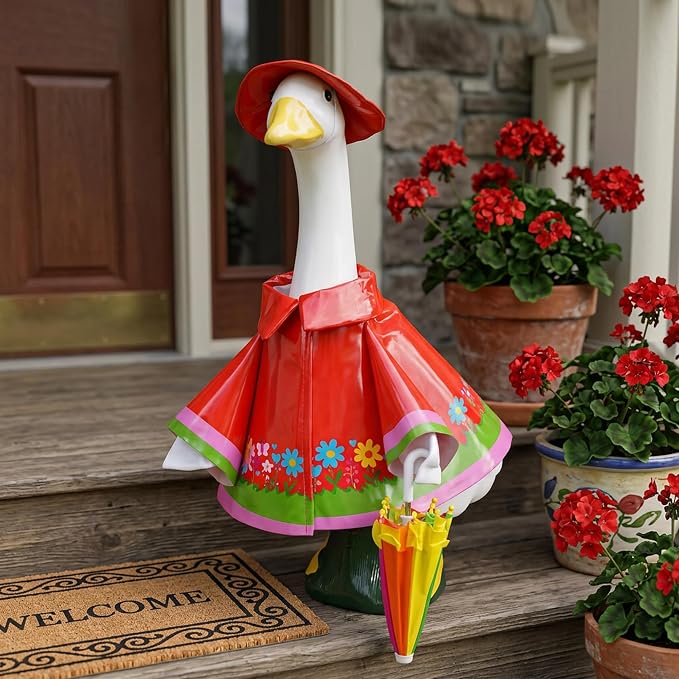 DECOHS 3 Pcs/Set Raincoat Porch Goose Outfits, Summer Lawn Goose Statue Costume with Rainbow Umbrella and Hat, Yard Geese Clothes for 23" Statue Patio Garden Decoration (Red Flower)