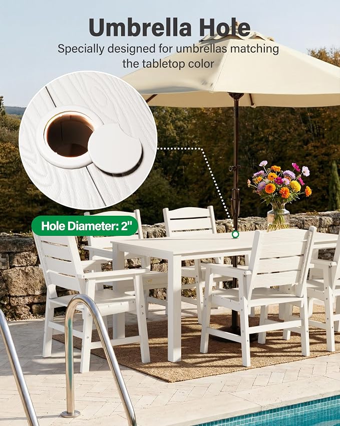 YEFU Patio Dining Sets 7-Piece: All-Weather Outdoor Table and Chairs with Umbrella Hole & Aluminum Frame - HIPS Patio Dining Set for 6 Modern Outside Furniture for Family Meals in Deck/Pool White