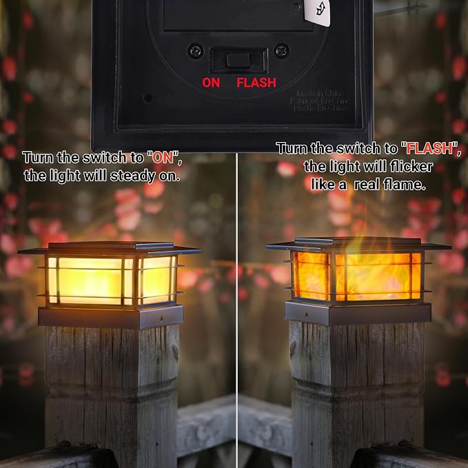 Dynaming 4 Pack Solar Post Cap Lights Outdoor with Flickering Flame Light, Fence Post Solar Lights Fit for 4x4 5x5 6x6 Vinyl/Wooden Posts, High Brightness SMD LED Lighting Decor for Garden Deck Patio