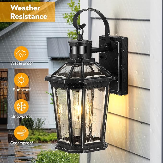 VIANIS Motion Sensor Outdoor Wall Lantern, Black Waterproof Dusk to Dawn LED Exterior Wall Sconce, Anti-Rust Aluminum Modern Outside Porch Light Wall Mount for House, Garage, Entryway 2 Pack