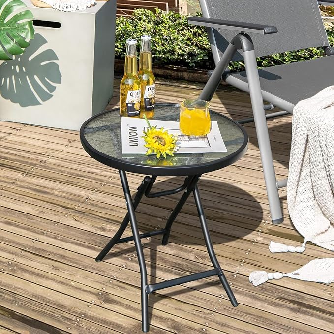 LDAILY Folding Outdoor Side Table, Round Small Bistro Table with Tempered Glass Tabletop, Anti-Slip Foot Pads, Steel Frame, Foldable Patio Table for Garden, Balcony, Backyard, Porch, Black