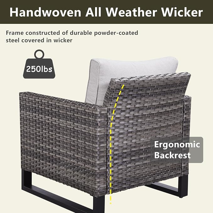 Rilyson Luxury Wicker Outdoor Patio Furniture Set of 5-5 Piece Patio Conversation Set with Ottoman*2, Wicker Chairs*2, Metal Side Table*1 for Outside Porch Deck Backyard Garden(Mixed Grey/Beige)