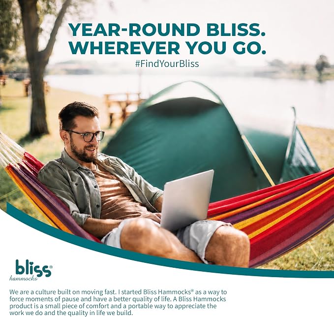 Bliss Hammocks 40" W Single Outdoor Hammock with Hand-Woven Rope Loops & Tree Straps, Patio, Durable, Cotton/Polyester, 220 Lbs Capacity, Tropical Stripe