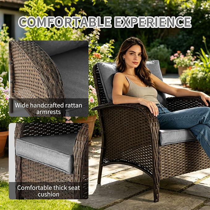 Outdoor Swivel Rocker Patio Chairs (Brown Wicker/Grey Cushion, 6PC/Sofa & Chair &Coffee Table & Ottomans)