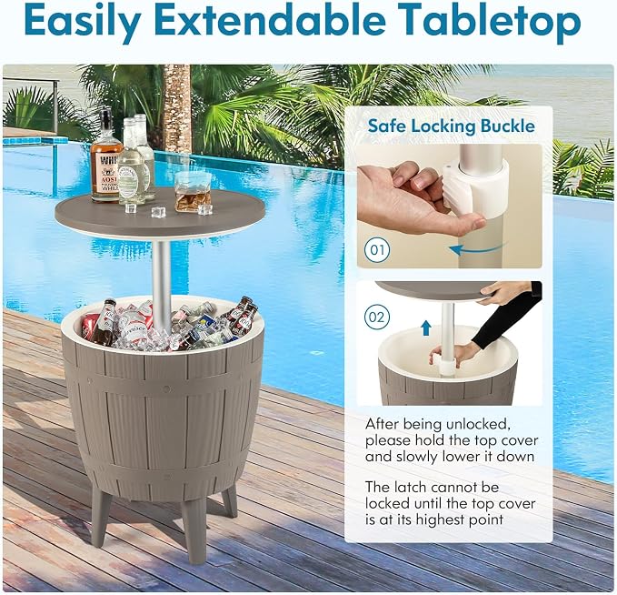 Tangkula 10 Gallon Cooler Bar Table, Outdoor Cooler Side Table w/Telescopic Tabletop, 3-in-1 Coffee Table Ice Bucket for Beer & Wine, All-Weather Cocktail Table for Backyard, Party, Poolside