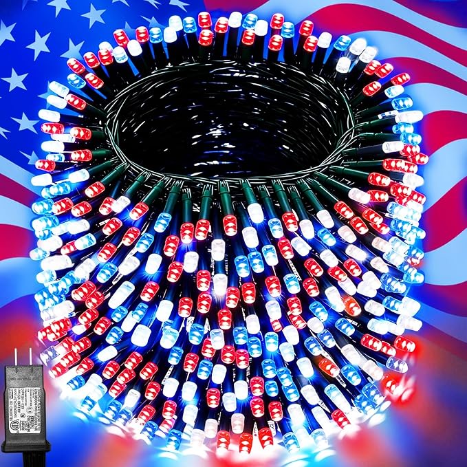 500 LED Red White and Blue 4th of July Lights Outdoor, 164 ft | Green Wire Waterproof Patriotic String Lights with Timer, 8 Modes Connectable Twinkle Fairy Lights Independence Day Decor