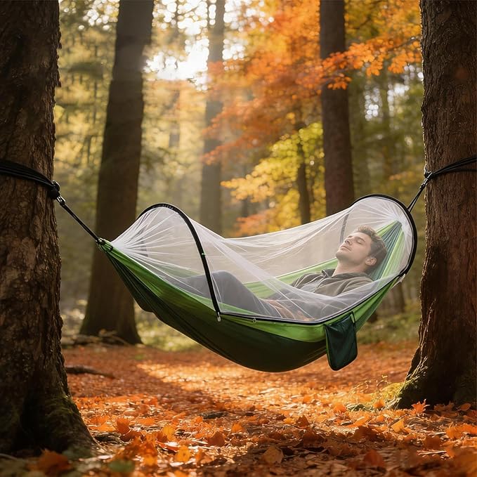 Heavy Duty Hammock with Mosquito Net–Canvas Hammock, Fade-Resistant Cotton Lounger, Roll-Free Comfort Design, Easy Setup for Backyard, Porch, Garden, Camping, Travel (Camouflage)