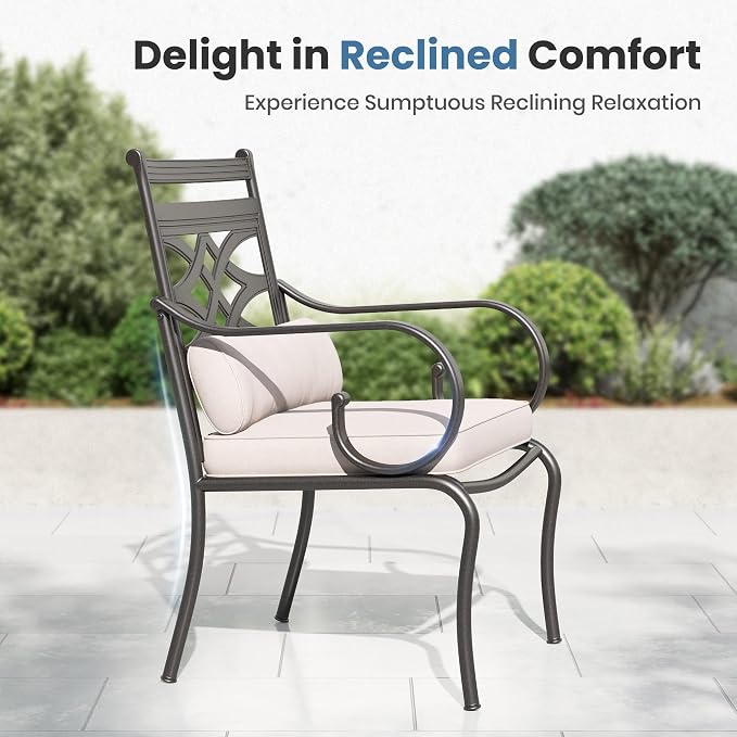 PHI VILLA Patio Dining Set, for 6 | E-Coated and Steel, Rectangle Table, Beige Cushion, 1.57in Umbrella Hole
