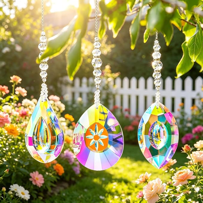 YU FENG 3PCS Crystal Prism Suncatcher, Window Hanging Rainbow Maker Set | AB Colored Glass Prisms, Faceted Crystal Design, Sun Catcher Decor for Home Garden Window, Creates Bright Rainbow Effects