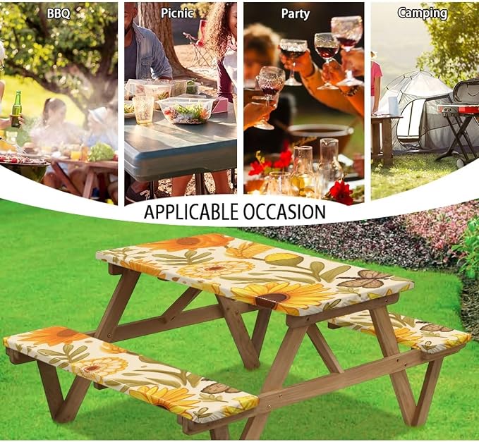 Yellow Floral Picnic Table Cover with Bench Covers Camping Essentials Outdoor Table and Chairs Decorative Sets Flexible Picnic Table 3 Piece Set Suitable for BBQ Picnic Party Camping