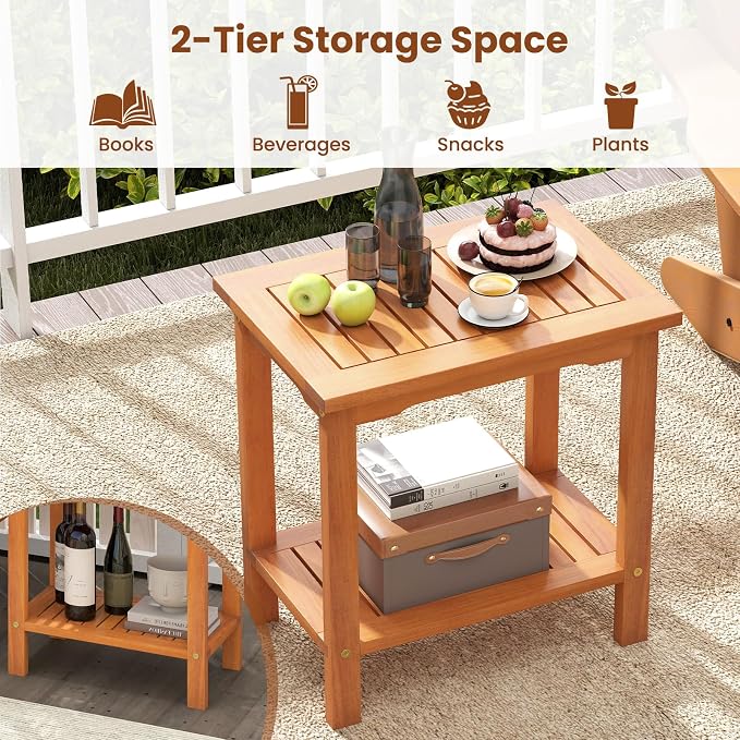 Tangkula Outdoor Side Table, 2-Tier Patio End Table with Slatted Tabletop & Storage Shelf, Acacia Wood Accent Bistro Table for Backyard, Poolside, Garden, Indoor, Natural (2)