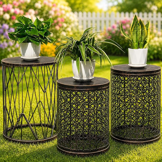 Y&M Set of 3 Meatal Round Side Tables, Multifunctional Coffee Table End Table for Indoor, Outdoor Garden Stool-Black with Bronze