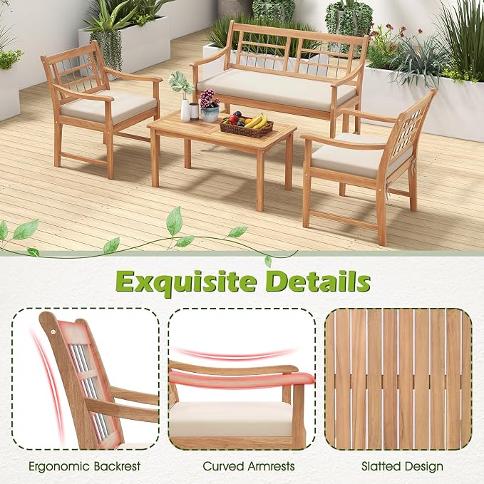 RELAX4LIFE Wood Patio Furniture Set - 4-Piece Outdoor Furniture w/Seat Cushions & Coffee Table, Loveseat Sofa Set for Balcony Porch Deck Poolside Backyard, Acacia Wood Conversation Set (Off White)