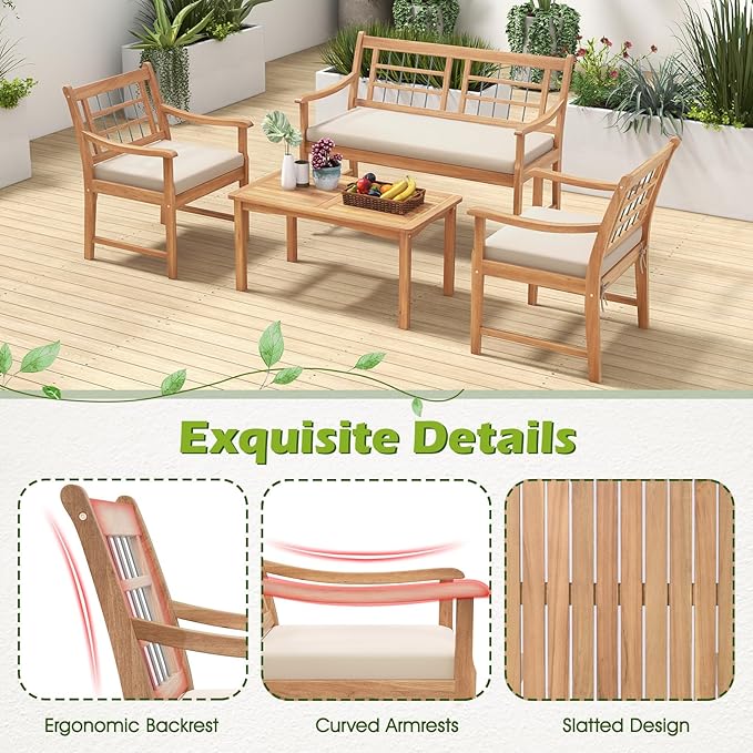 Tangkula 4 Piece Wood Patio Furniture Set, Outdoor Conversation Set w/Soft Seat Cushions, Solid Acacia Wood Frame, 2 Armchairs, Loveseat & Coffee Table Set for Backyard, Porch, Poolside (White)