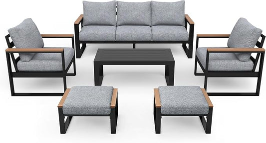 Sundale Outdoor Aluminum Patio Furniture Set, 6 Piece Outdoor Conversation Sets with Coffee Table and 6" Thick Olefin Cushions, All Weather Outdoor Sectional Set for Deck, Lawn, Yard