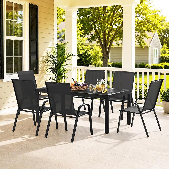 7-Piece Outdoor Dining Set, All Weather Patio Table and Chairs Set with Umbrella Hole for 6, Steel Slat Table and 6 Textilene Chairs for Backyard, Poolside and Deck, Black(No Umbrella)