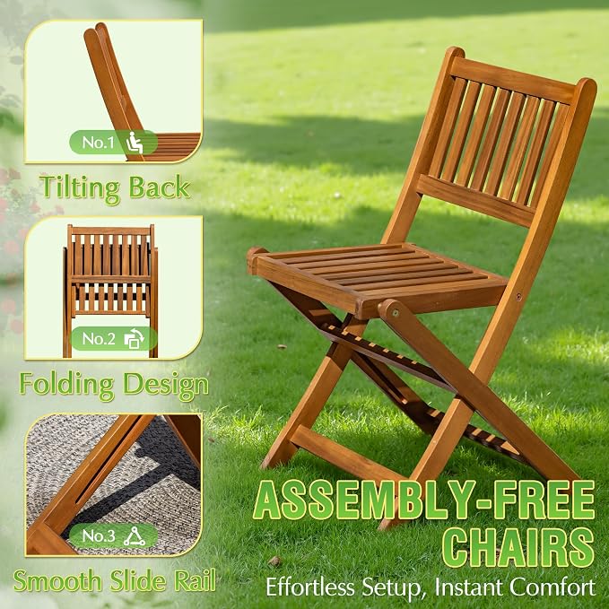 Greesum 5 Piece Patio Dining Set Outdoor Acacia Wood Furniture All-Weather Folding Round Table and Chairs for Backyard, Balcony, Porch, Deck, Garden, Light Brown