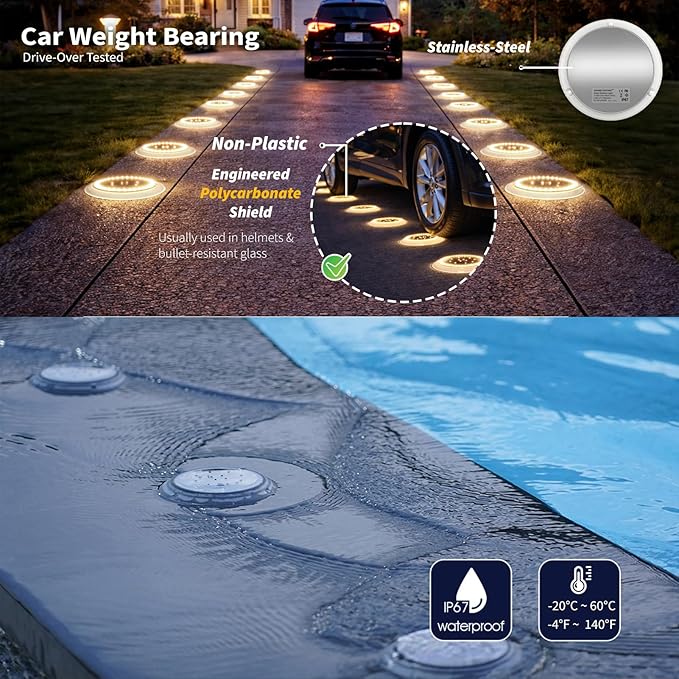 Solar Ground Lights, 48 LEDs Deck Disc, Warm White, 8Pk | Outdoor Waterproof, Flat Round Low Profile, Ultra Bright, IP67 Waterproof, Car Weight Bearing, Driveway, Dock, Path, Walkway
