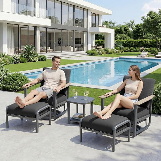 Aluminum Swivel Rocking Chairs with Ottomans, 5-Piece Outdoor Patio Furniture Set, Metal Gliders with Side Table, Wood-Like Armrests & 5.1" Thick Cushions for Porch, Black