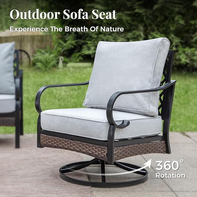 MIXPATIO Patio Furniture Set with Coffee Table, Outdoor Conversation Set with 2 x Fixed Chairs, 2 x Swivel Chairs, 1 x 3-Seat Sofa for Lawn Garden Backyard, Light Grey