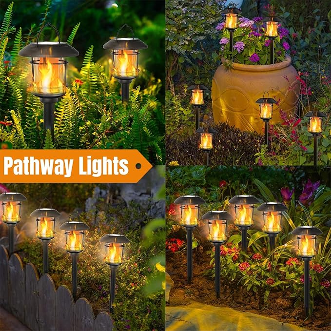 Dynaming 6 Pack Solar Flame Torch Lights Outdoor, Halloween Dual Use Flickering Flame Garden Light, Christmas Hanging Lanterns, Auto On/Off & Waterproof Lighting for Lawn Patio Yard Walkway Driveway