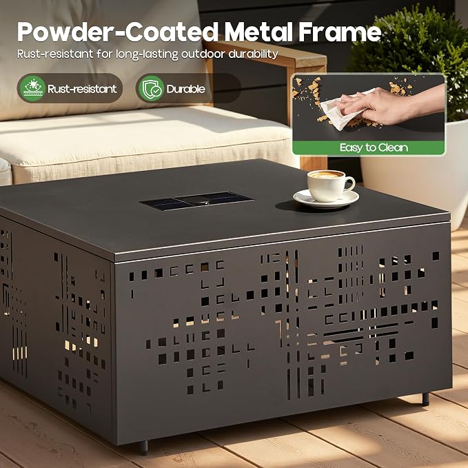 27" Outdoor Coffee Table with Solar Ambient Light & Umbrella Hole, All-Weather Rust-Resistant Metal Patio Table for Backyard Gatherings, Poolside, Small Balconies & Outdoor Living Spaces, Black