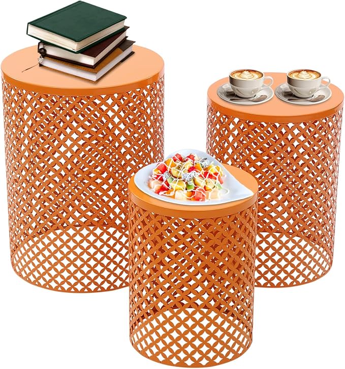Outdoor Side Table, 3PCS Round Metal Frame Coffee End Tables, Modern Decorative Garden Stool, Multifunctional Nesting Side Table for Garden, Balcony, Cafe, Park, Pool Side (Orange)