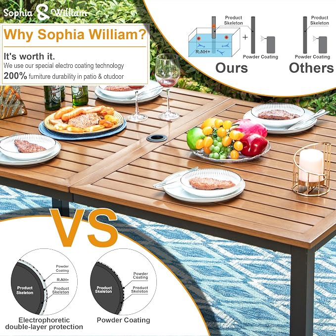 Sophia & William 7pc Patio Dining Set, Wood-Like Metal Table, Wicker Chairs | All Weather Patio Table and Chairs Set for 6, Perfect for backyard, deck, porch