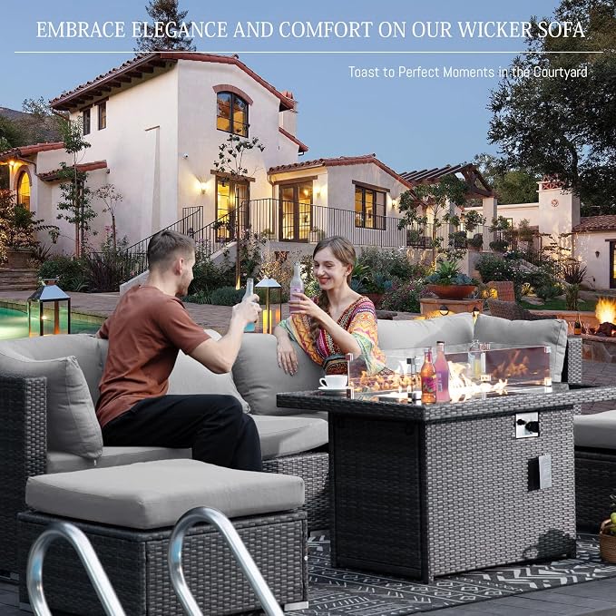 BULEXYARD 7 Piece High Back Outdoor Furniture Set with Fire Pit, Durable All Weather Wicker Patio Couch Sofa Set, Large Size Modular 6-Seater Sectional Backyard Seating Wide Deep for Lawn, Light Grey