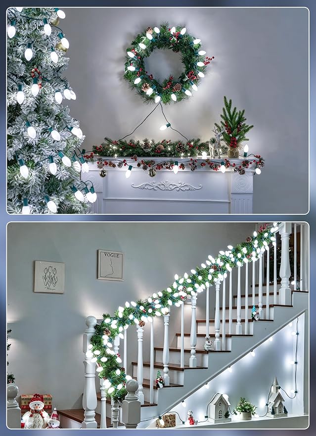 Vintage C9 Christmas Lights Outdoor, 100Ft 50 LED Pure White String Lights | Waterproof Shatterproof Connectable Christmas Tree Lights for House Outside Roofline Patio Yard Home Xmas Decorations