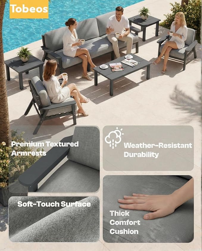 7 Piece HDPE Outdoor Furniture Set with Gray Cushions (Gray Frame) | All-Weather HDPE, Modular Design, Extra-Deep Seating, Thick Cushions, Ideal for Backyard, Deck & Porch
