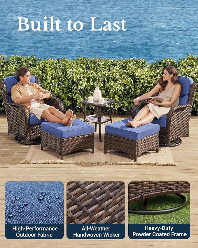 HILLGA Luxury High Back Patio Furniture Set with 6-Inch Thick Cushion, 8-Piece Outdoor Conversation Set with Sofa, Swivel Rocker Chairs & Ottomans, Ideal for Porch Pool Deck Yard (Blue)
