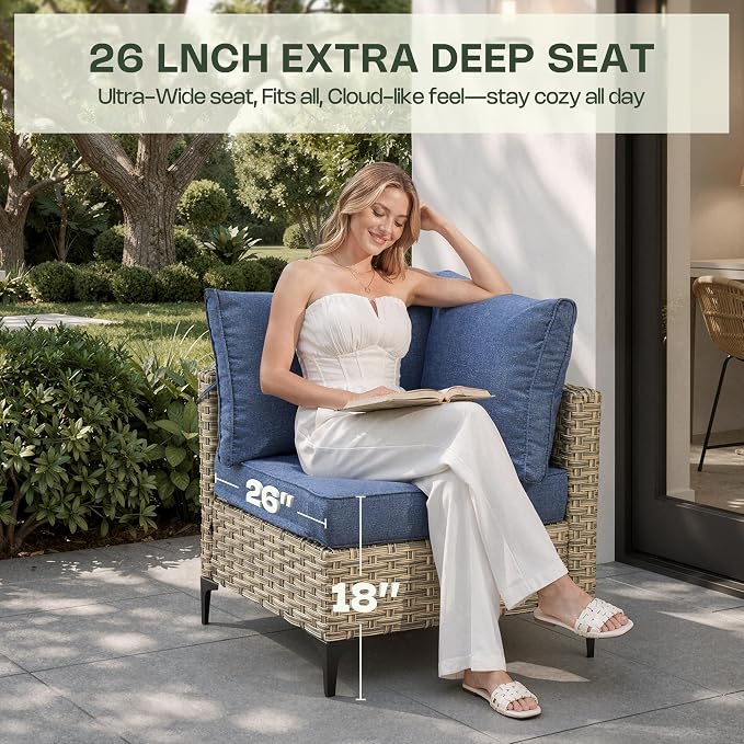 10 Pieces Patio Furniture Set, Outdoor Conversation Set with 360° Swivel Rocker Chairs, Wicker Sectional Sofa Solar Coffee Table, High Back Outdoor Furniture L Shaped Couch for Porch Deck, Denim Blue