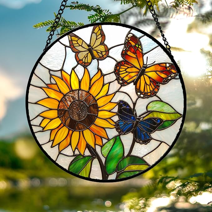 DASTOLL Stained Glass Window Hanging, Butterfly and Sunflowers Sun Catchers Glass Panel Plant Insects Suncatcher Decor for Birthday for Women, Men, Wife, Aunt, and Mom 14.9x14.9 in