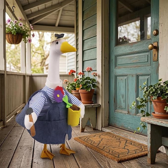 Erythem Gardener Porch Goose Outfits, Cute Spring Porch Goose Clothes with Straw Hat, Shovel & Flower Pot Fits 23" Cement Plastic Geese Statue for Outdoor Garden Yard Decor