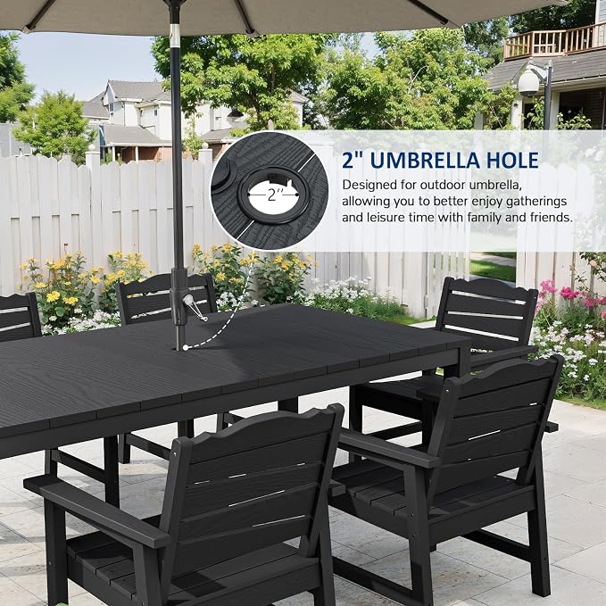 7-Piece Patio Dining Set, 63" Outdoor Dining Rectangle Table w/Aluminum Frame and 6 Chairs, Weatherproof HIPS Dining Furniture with Umbrella Hole, for Backyard Garden Deck Poolside, Black