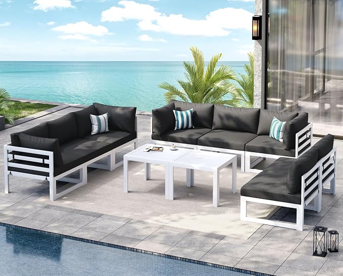 NICESOUL 10 Piece Oversized Modular Aluminum Outdoor Furniture Set with Coffee Table, 29" Deep Wide Sectional Seating, 500 lbs High Weight Capacity Patio Conversation Set for Garden Deck, Dark Gray