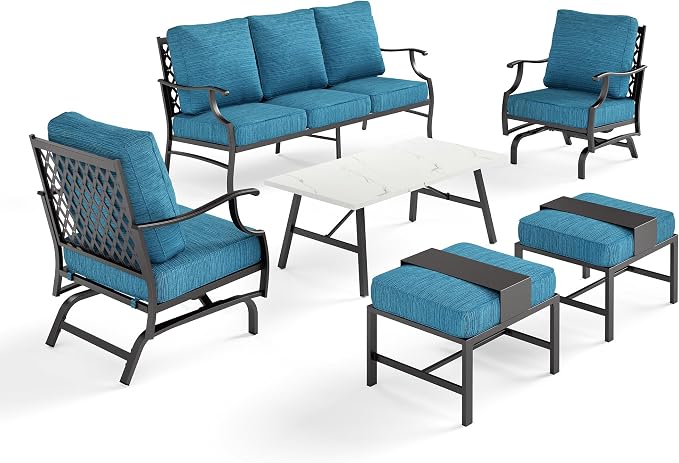 SUNSHINE VALLEY 6 Piece Metal Outdoor Patio Furniture Set, Patio Conversation Set 3-seater Sofa, 2 Rocking Chair, 2 Ottomans with 5.75" Thick Cushion and Coffee Table, Black Backyard Furniture, Blue-2