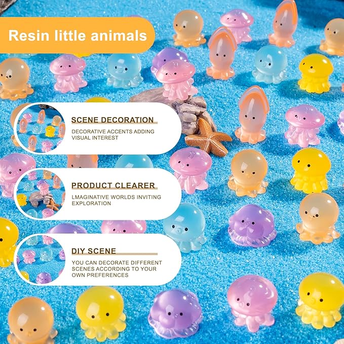 60 PCS 6 Styles Glow in Dark Mini Resin Octopus Figurines, Assorted Luminous Ocean Creature Miniature Dollhouse Accessories, Bulk Tiny Marine Ornaments for Fairy Garden DIY Aquarium Decor