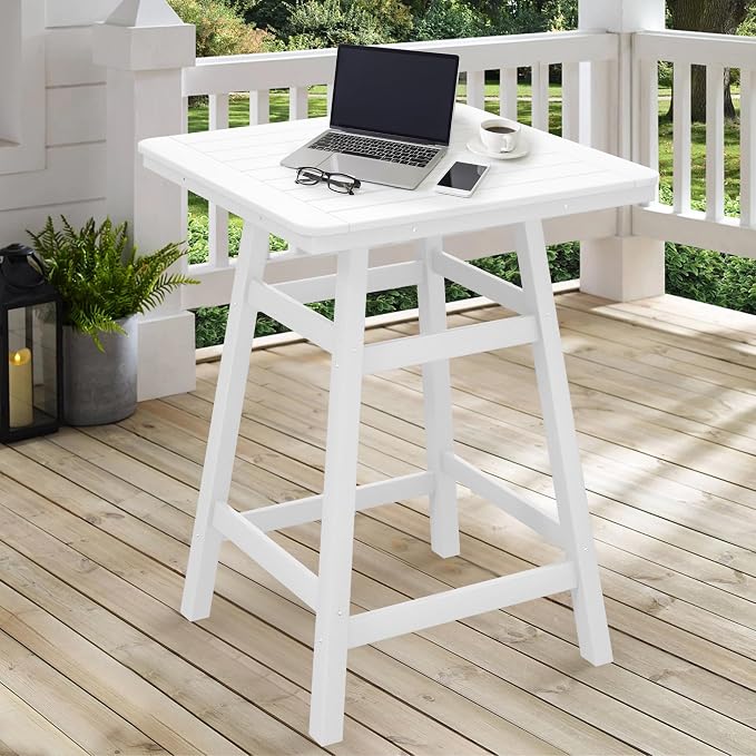 Costaelm Outdoor Bar Table, 37" Counter Height Square Patio Cocktail Bar Table with Umbrella Hole, Patio Bistro Dining Pub Table for Front Porch Deck Backyard Garden, White