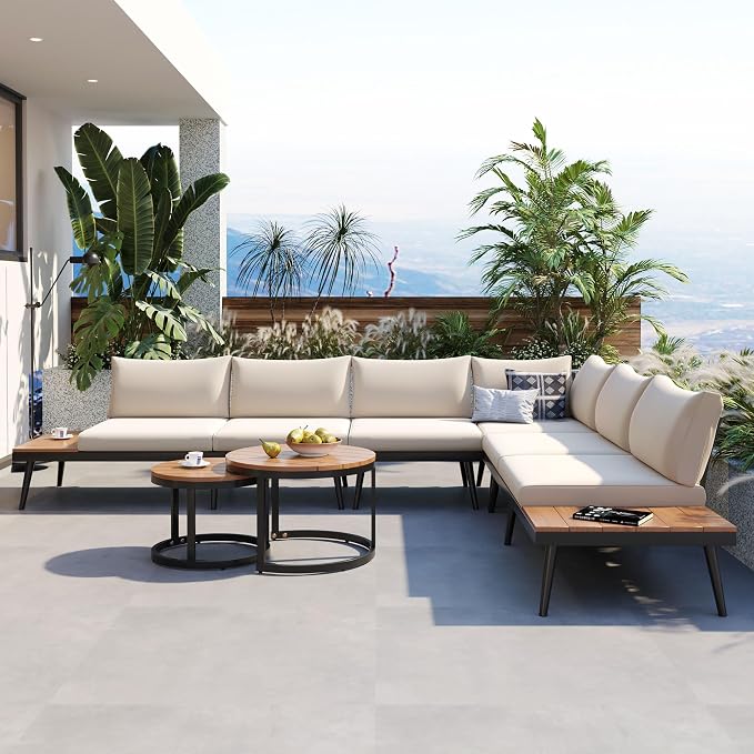 JIVOIT Outdoor Patio Sectional Sofa Set, Modern 6-Piece Conversation Set with Round Nesting Coffee Tables and Seating Sofa with Cushions for Patio, Porch and Garden (Beige * 33)