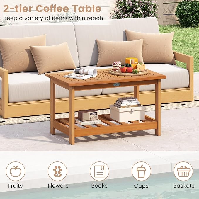 HAPPYGRILL Patio Acacia Wood Side Table with Storage Shelf, Outdoor Coffee Table for Garden, Balcony, Deck, Poolside