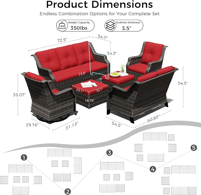 Outdoor Patio Furniture Set, 6 Piece Wicker Patio Furniture with Thick Cushions, Curved Armrest, Deep Seating, Outdoor Swivel Rocker Chairs for Porch, Deck, Balcony