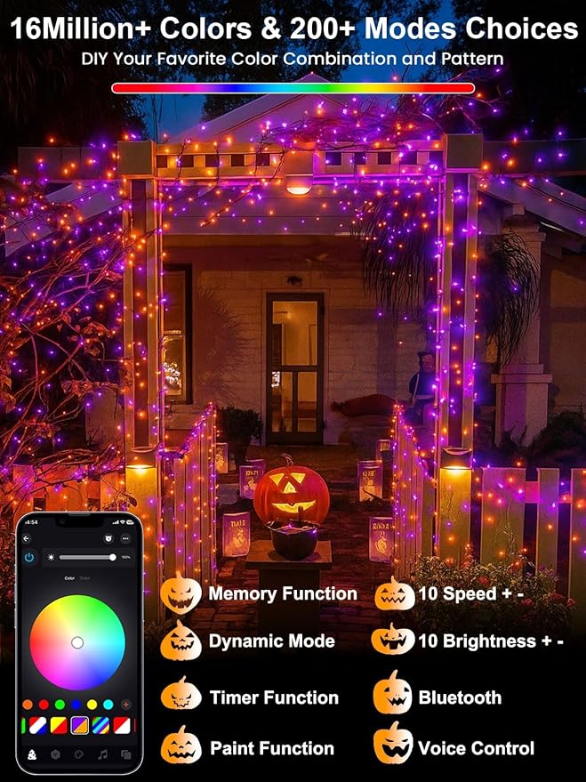 200 LED Smart Color Changing Fall String Lights APP & Remote for Halloween | 66 FT Halloween Twinkle Lights IP44 Waterproof, Timer, Music Sync, Multiple Colors & Modes, Outdoor Christmas Fall Decoration